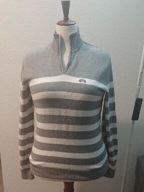 American Rag Gray & White Striped Half-Zip Turtleneck Sweater Medium